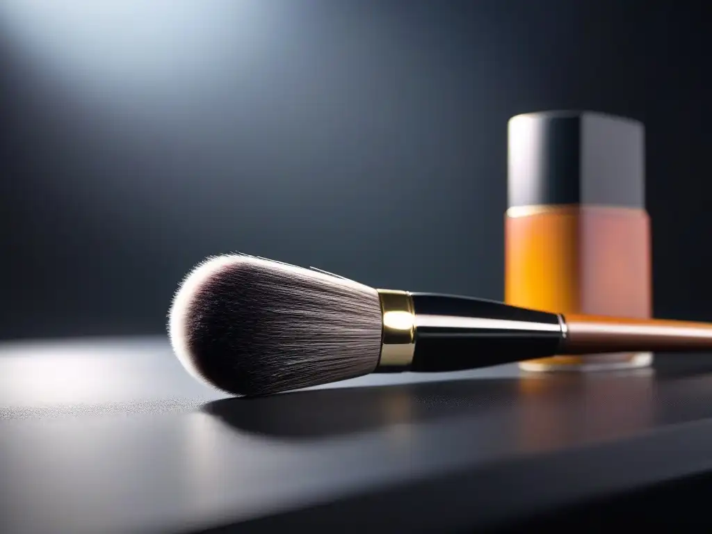 Brochas de maquillaje de alta calidad en elegante tocador Brochas de maquillaje para principiantes: una colección diversa de alta calidad dispuesta en una elegante mesa de tocador moderna