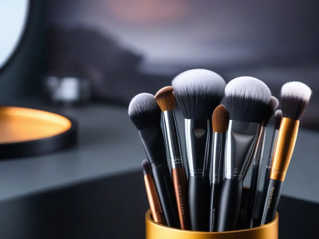 Set de brochas de maquillaje premium: diversidad y calidad Brochas maquillaje para principiantes diversidad: conjunto de brochas de alta calidad en mesa elegante, destacando su versatilidad y brillo suave