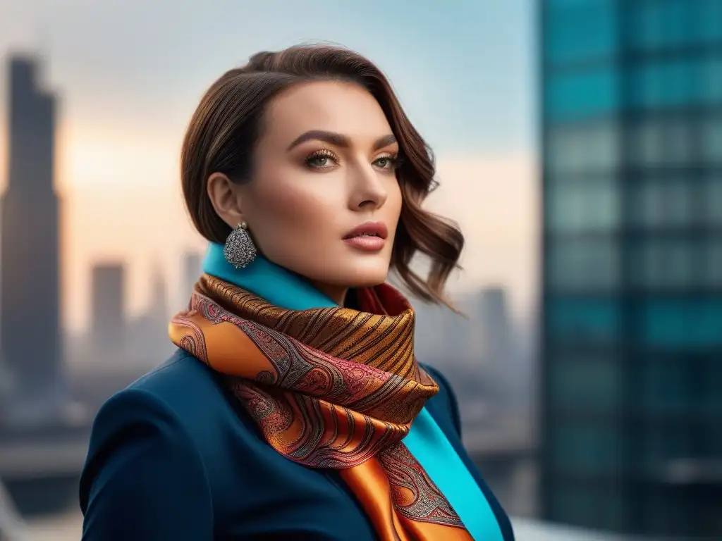 Modelo plus size con pañuelo de diseñador en ciudad moderna Bufandas de diseñador para tallas plus: modelo elegante muestra accesorio lujoso en ciudad moderna