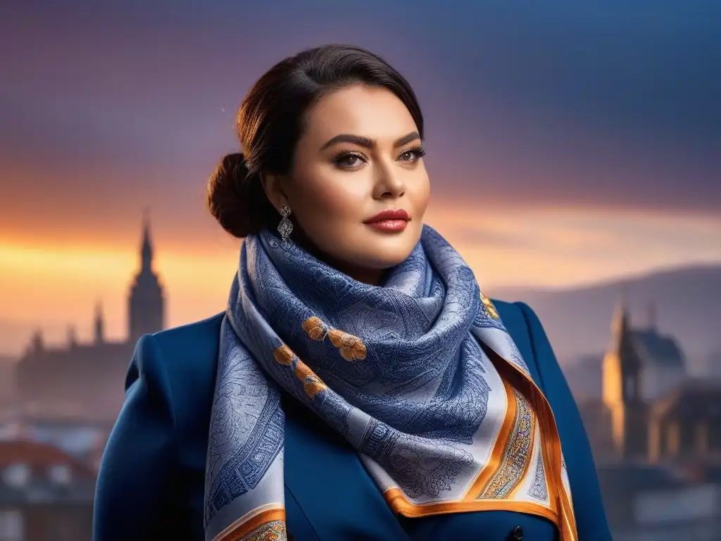 Modelo de talla grande con pañuelo de diseñador: elegancia y confianza en la ciudad Bufandas de diseñador para tallas plus: Modelo de talla grande luce con confianza una bufanda elegante en la ciudad