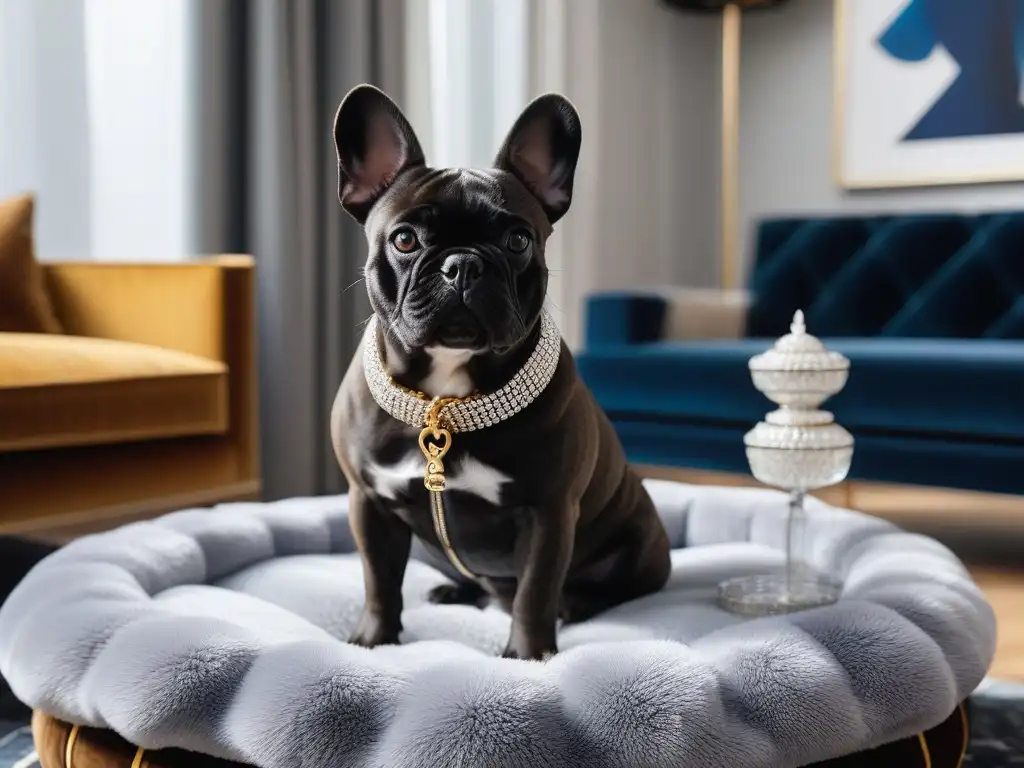 French Bulldog de lujo: Accesorios exclusivos para mascotas Un bulldog francés elegante con collar de diamantes en un salón moderno