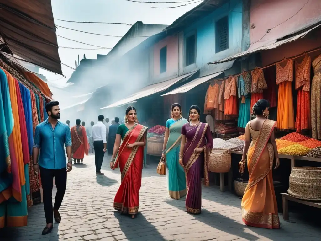 Mercado hindú: moda inclusiva y diversa Un bullicioso mercado en India subcontinente, con moda inclusiva y diversidad cultural
