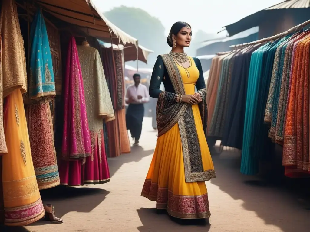 Mercado vibrante en India: moda tradicional y moderna Un bullicioso mercado en la India, con moda inclusiva en India subcontinente