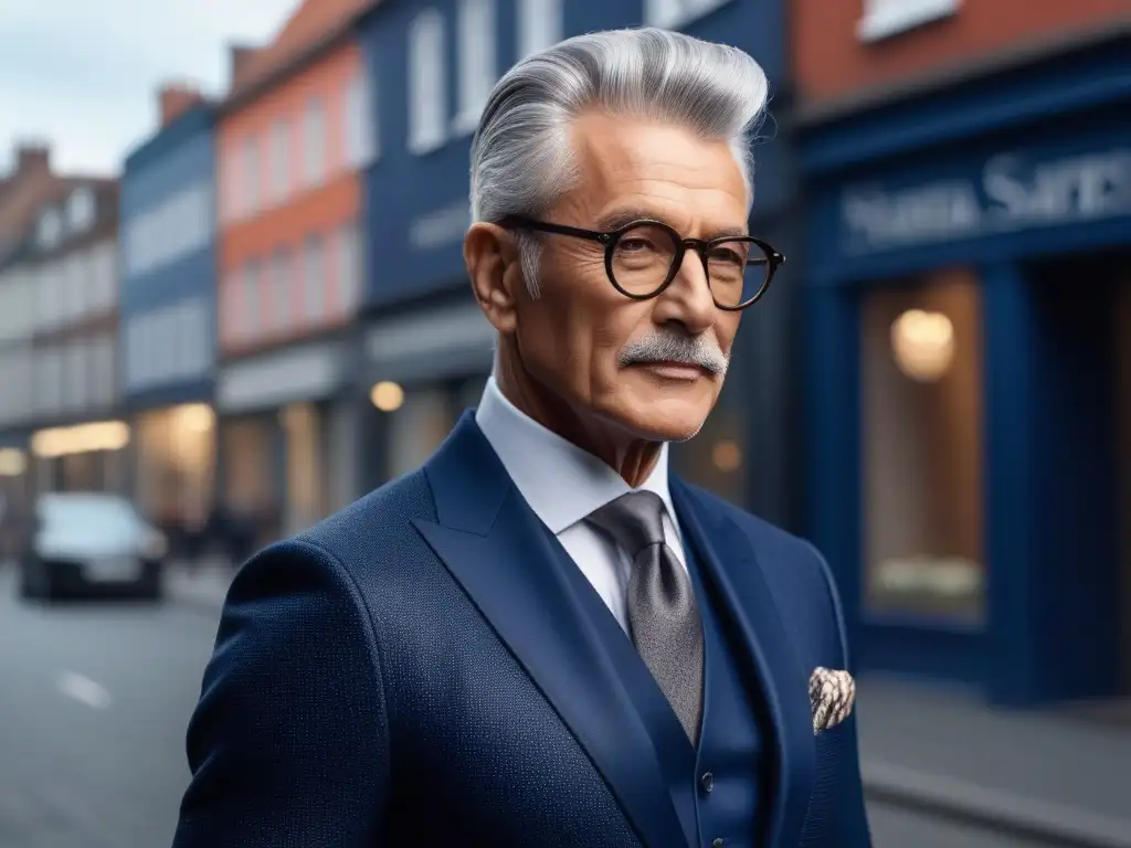 Estilo atemporal: Senior elegante en blazer navy en entorno urbano Un caballero elegante con cabello entrecano viste un blazer azul marino en un entorno urbano