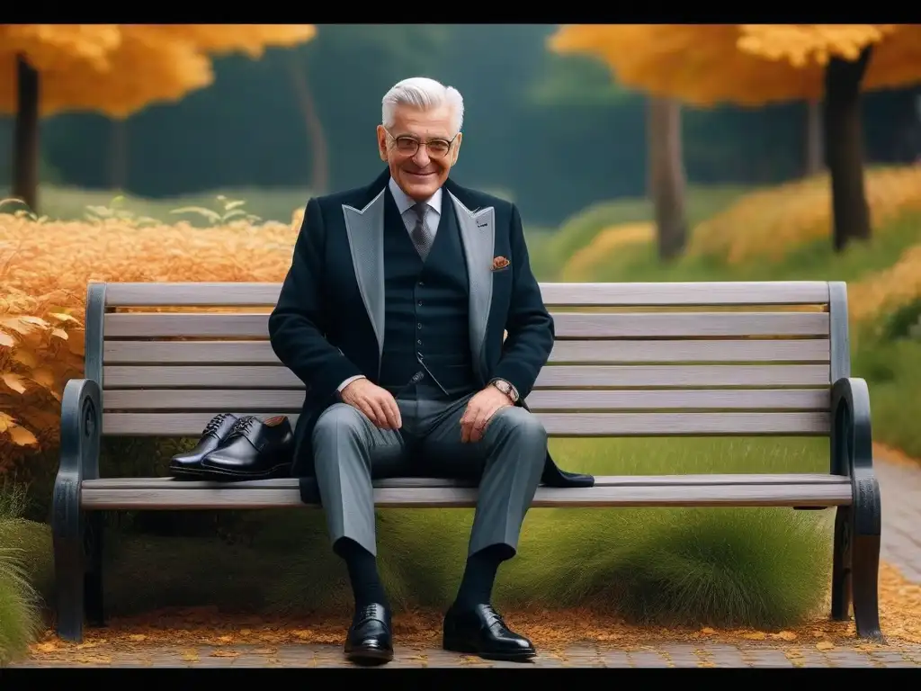Elegancia senior: Zapatos de cuero Velcro en otoño Un caballero mayor elegante con zapatos de Velcro negros en un banco del parque en otoño, reflejando independencia y estilo