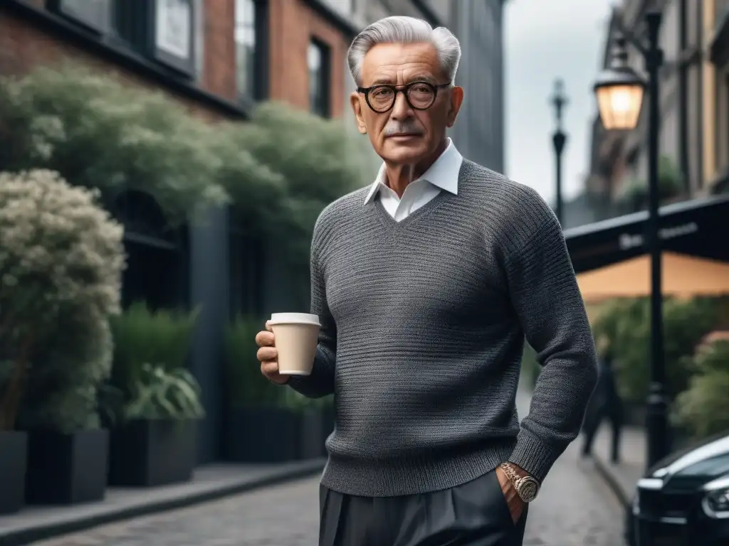 Elegancia atemporal: hombre mayor con estilo urbano y sofisticado Un caballero mayor con estilo y confianza en un entorno urbano moderno, representando la moda senior inclusiva y diversa