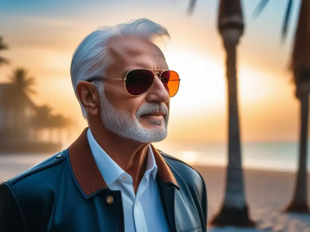 Elegante protección solar para adultos mayores en la playa Un caballero mayor con gafas de sol para seniors, reflejando un cielo vibrante al atardecer en una playa serena