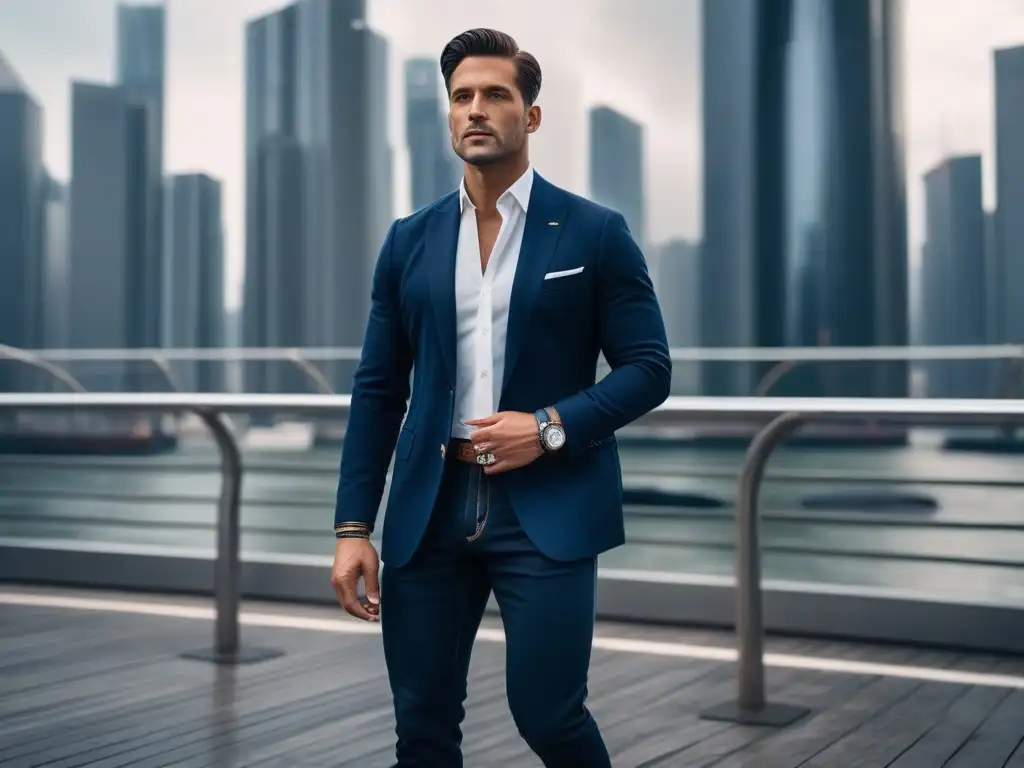 Estilo sofisticado: senior elegante en la ciudad Un caballero senior viste elegante con blazer azul, camisa blanca y jeans oscuros, mostrando estilo y confianza en la ciudad
