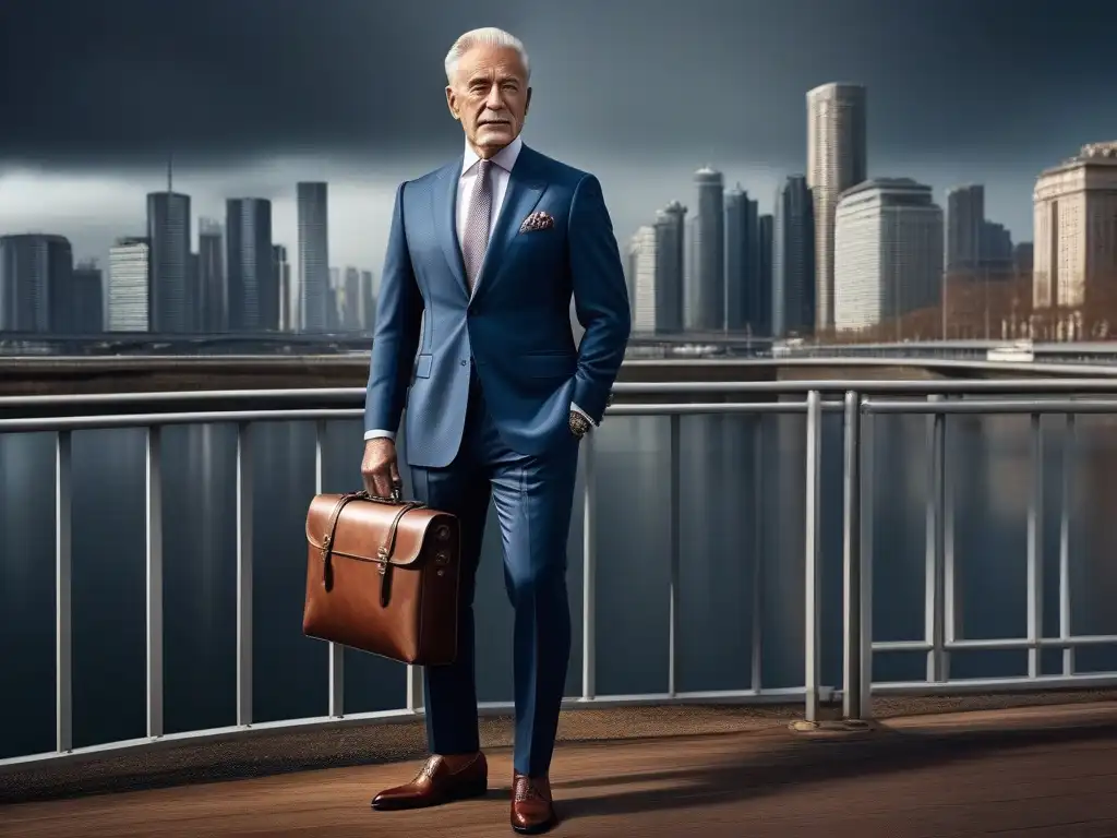 Elegante caballero en traje clásico frente a la ciudad Un caballero senior elegante y moderno, exudando confianza y refinamiento, con fondo urbano y toque de luz solar