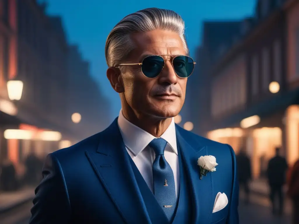 Elegante caballero ajustando sus gafas de sol al atardecer Un caballero senior elegantemente vestido ajustando sus gafas de sol en una ciudad al atardecer