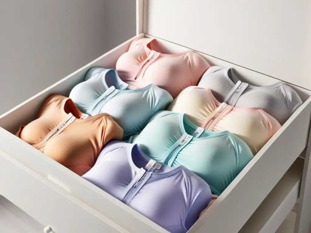 Organización perfecta: lencería de maternidad moderna en tonos suaves Un cajón de ropa interior maternal comodidad soporte en tonos pastel, organizado y delicado