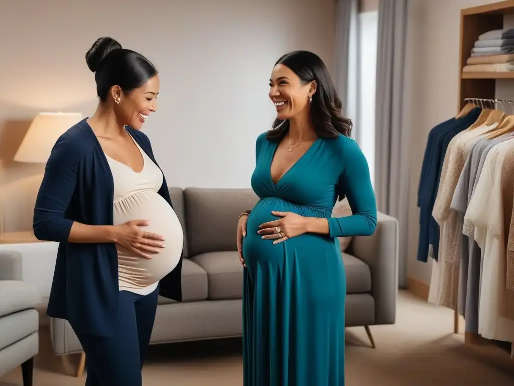 Intercambio de ropa de maternidad entre amigas en sala acogedora Un cálido intercambio de ropa maternal familiar entre mujeres diversas en un acogedor salón