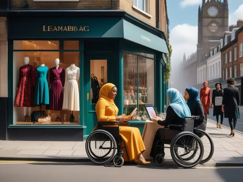 Moda inclusiva: Emprendedores diversos crean tendencia Una calle bulliciosa llena de diversidad y moda inclusiva, con emprendedores discutiendo diseños en una tableta