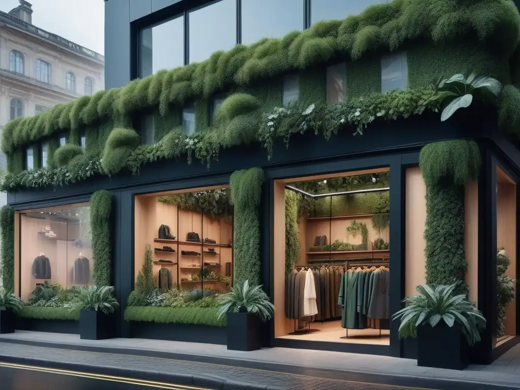 Calles futuristas de moda sostenible: diseño eco y estilo innovador Una calle de la ciudad bulliciosa llena de peatones, tiendas de moda sostenible con diseño ecoconsciente