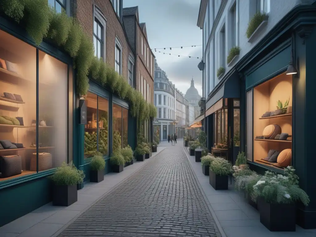 Eco moda urbana: sostenibilidad y estilo en la ciudad Una calle de la ciudad llena de boutiques de moda ecoconsciente, fusionando estilo y conciencia ambiental en la lucha contra el cambio climático