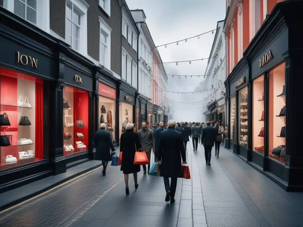Calles comerciales vibrantes en ciudad cosmopolita Una calle comercial vibrante y bulliciosa en una ciudad cosmopolita, con boutiques de moda diversa y escaparates elegantes