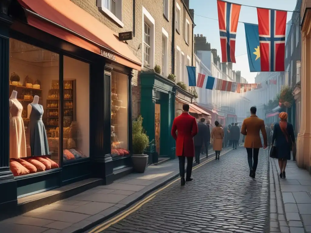 Escena multicultural en una bulliciosa calle londinense al atardecer Una calle londinense bulliciosa con escaparates vibrantes mostrando maniquíes vestidos con tendencias de moda inclusivas y elegantes