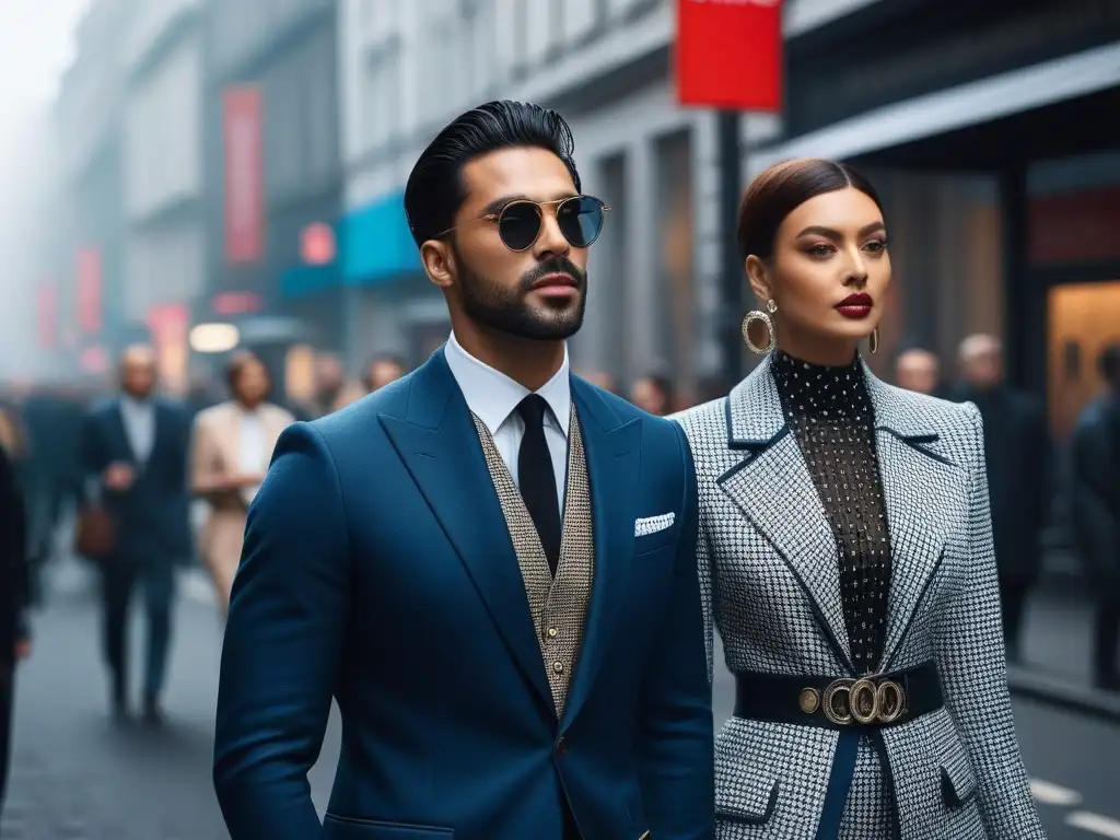 Escena urbana vanguardista: moda única en la ciudad Una calle metropolitana bulliciosa con moda vanguardista