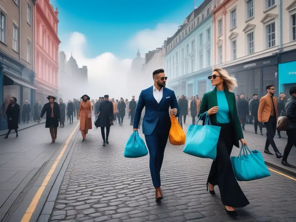 Moda sostenible en la ciudad: diversidad ecochic Una calle urbana llena de vida y moda ecoconsciente, reflejando la fusión entre la moda y la sostenibilidad en un entorno contemporáneo