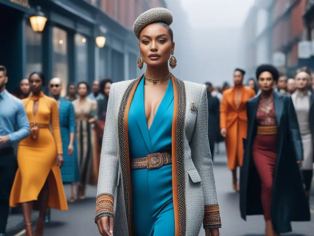 Moda sostenible: diversidad y estilo en la ciudad Una calle urbana vibrante y bulliciosa llena de diversidad, con personas seguras luciendo moda inclusiva y sostenible diversa