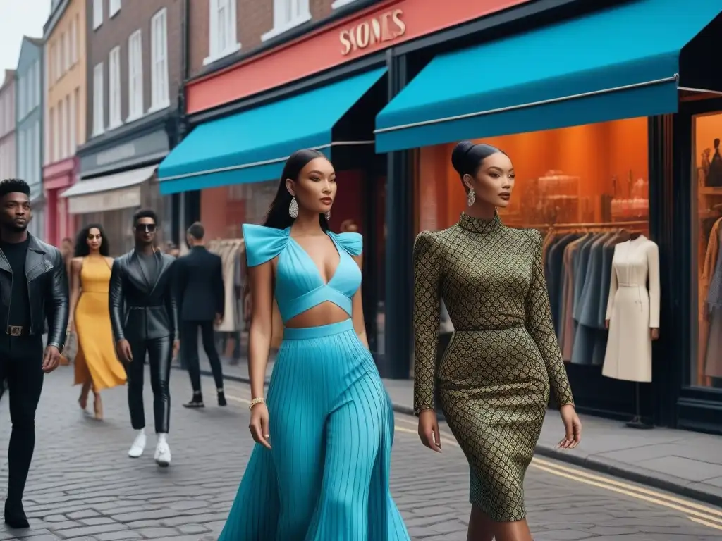Escena de moda inclusiva y vibrante en una ciudad de moda Una calle vibrante y concurrida en una ciudad de moda, donde personas de todas las edades, razas y capacidades compran juntas en boutiques elegantes y tiendas de moda