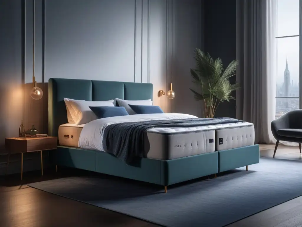 Suite de lujo con cama king size inteligente y tecnología de sueño avanzada Una cama tamaño king lujosa y moderna con tecnología de sueño integrada, iluminación ambiental y un colchón ajustable de última generación