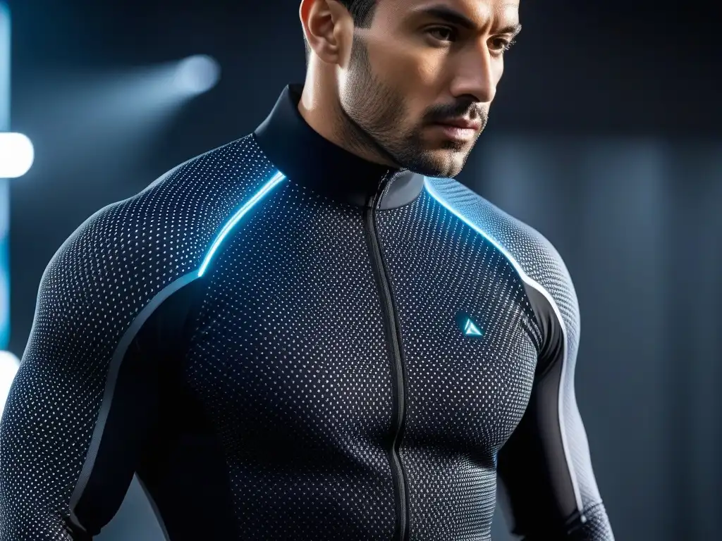 Camiseta deportiva futurista con sensores integrados Camiseta futurista con sensores de salud integrados en tela hightech