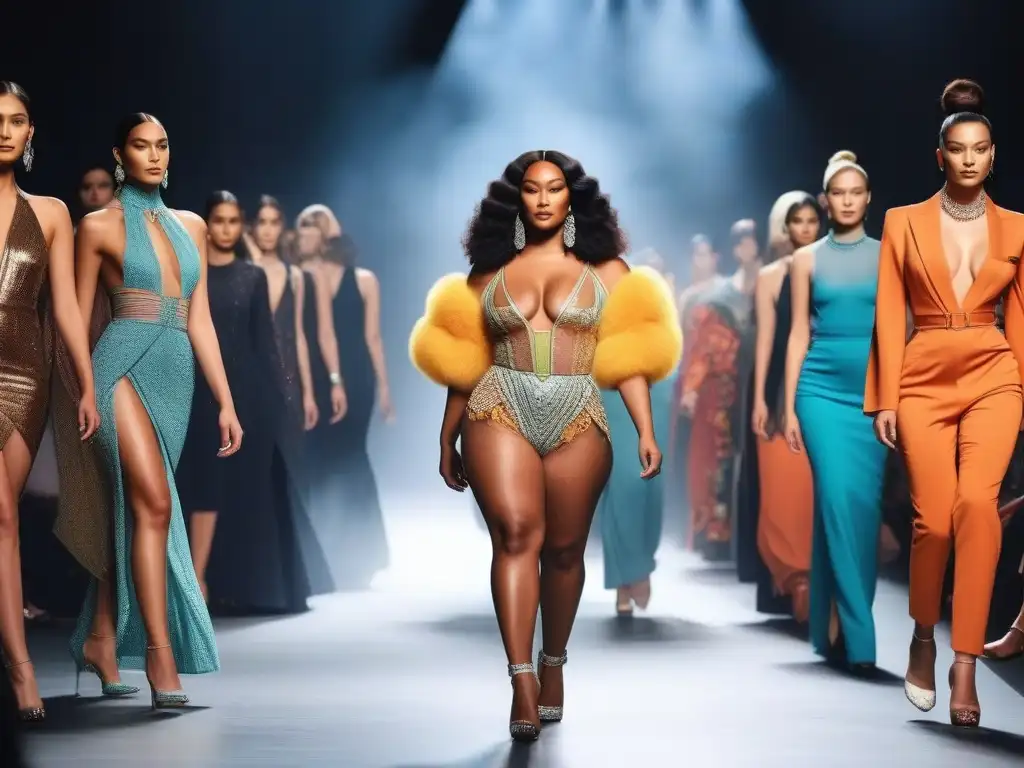 Pasarela de moda inclusiva: diversidad y empoderamiento Campañas publicitarias inclusivas en moda: Grupo diverso de modelos desfilando con confianza en una pasarela moderna y brillante