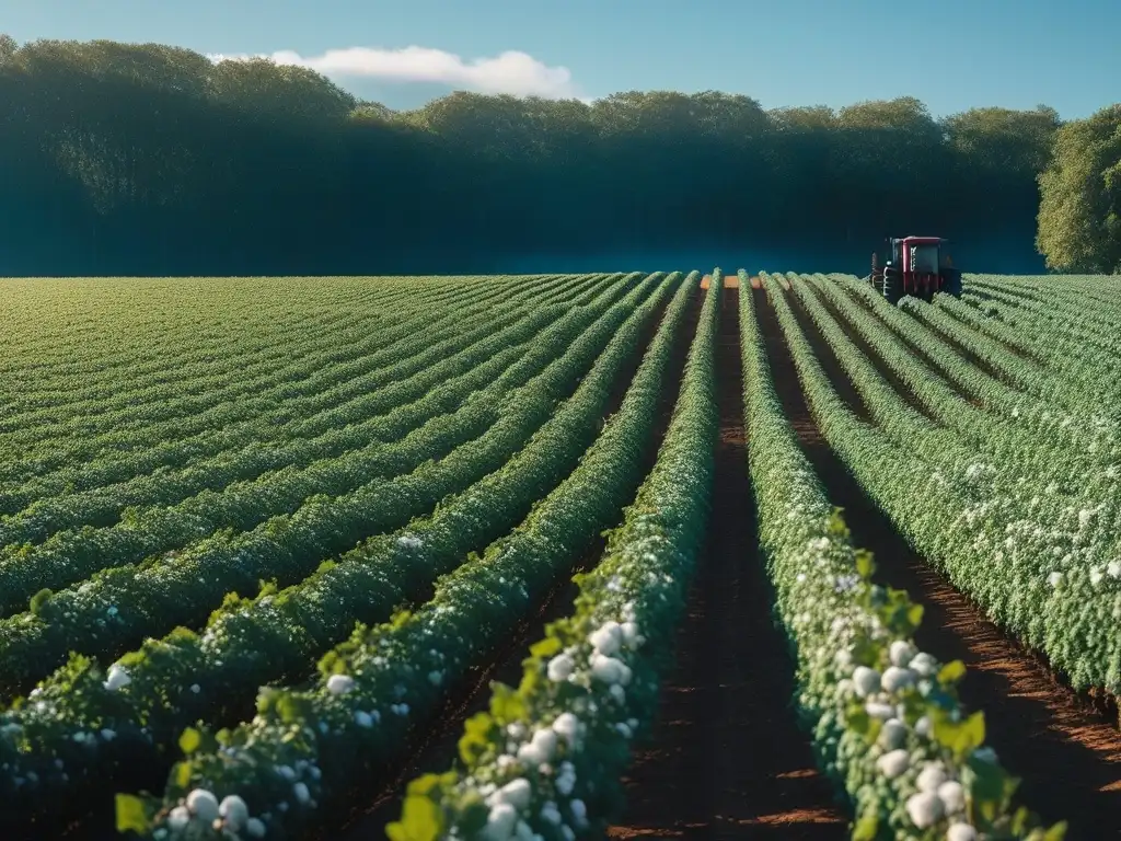 Campos de algodón orgánico: cuidado responsable y calidad Un campo de algodón orgánico en un día soleado, con un agricultor inspeccionando las plantas