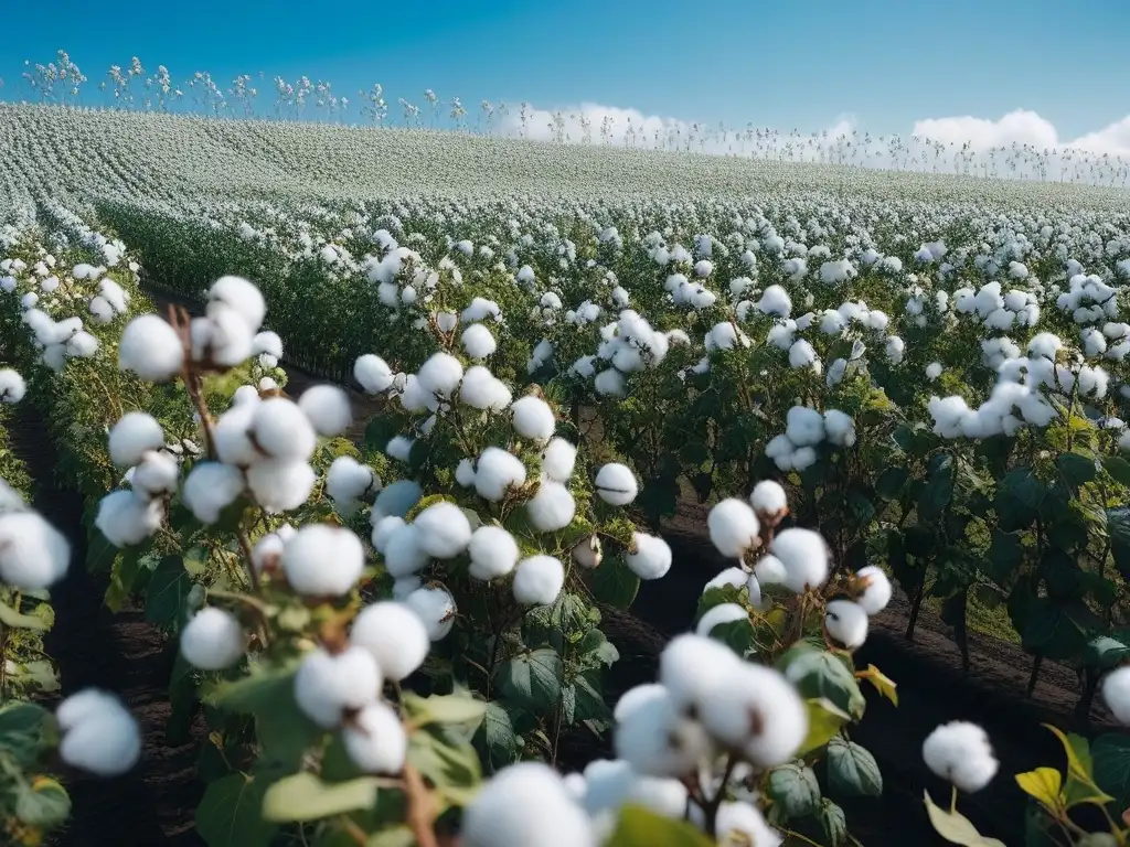 Campo de algodón orgánico: belleza sostenible en 8k Un campo de algodón orgánico beneficia la moda sostenible con su belleza natural y pureza bajo un cielo azul vibrante