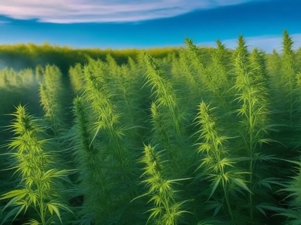 Hemp Field: Sostenibilidad y Tranquilidad Eco-Friendly Un campo de cáñamo al sol, con plantas verdes vibrantes y una mano acariciando las hojas suaves