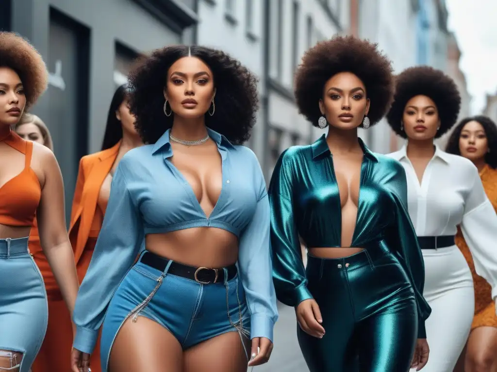 Desfile de moda: diversidad y empoderamiento en la ciudad Celebración de la diversidad corporal en la moda: modelos confiadas y estilosas caminan por la ciudad en un día soleado