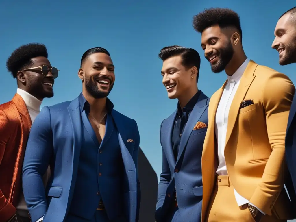 Variedad de estilos masculinos: moda inclusiva y diversidad Celebración de diversidad y estilo en moda inclusiva para hombres: marcas, con modelos diversos riendo juntos en ambiente urbano