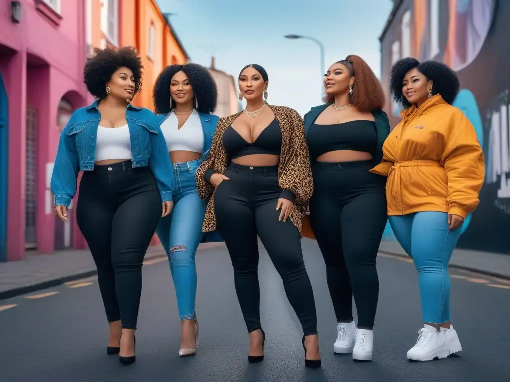 Moda inclusiva: Celebrando la diversidad con estilo y confianza Una celebración de la diversidad y la moda inclusiva para todos los cuerpos en una vibrante calle urbana