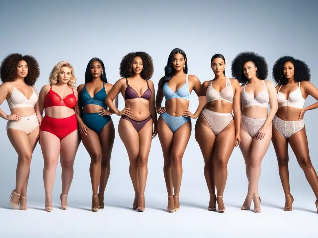 Empoderamiento en lencería inclusiva: diversidad de cuerpos y belleza Una celebración de la diversidad: modelos diversos lucen con confianza lencería inclusiva en un estudio moderno