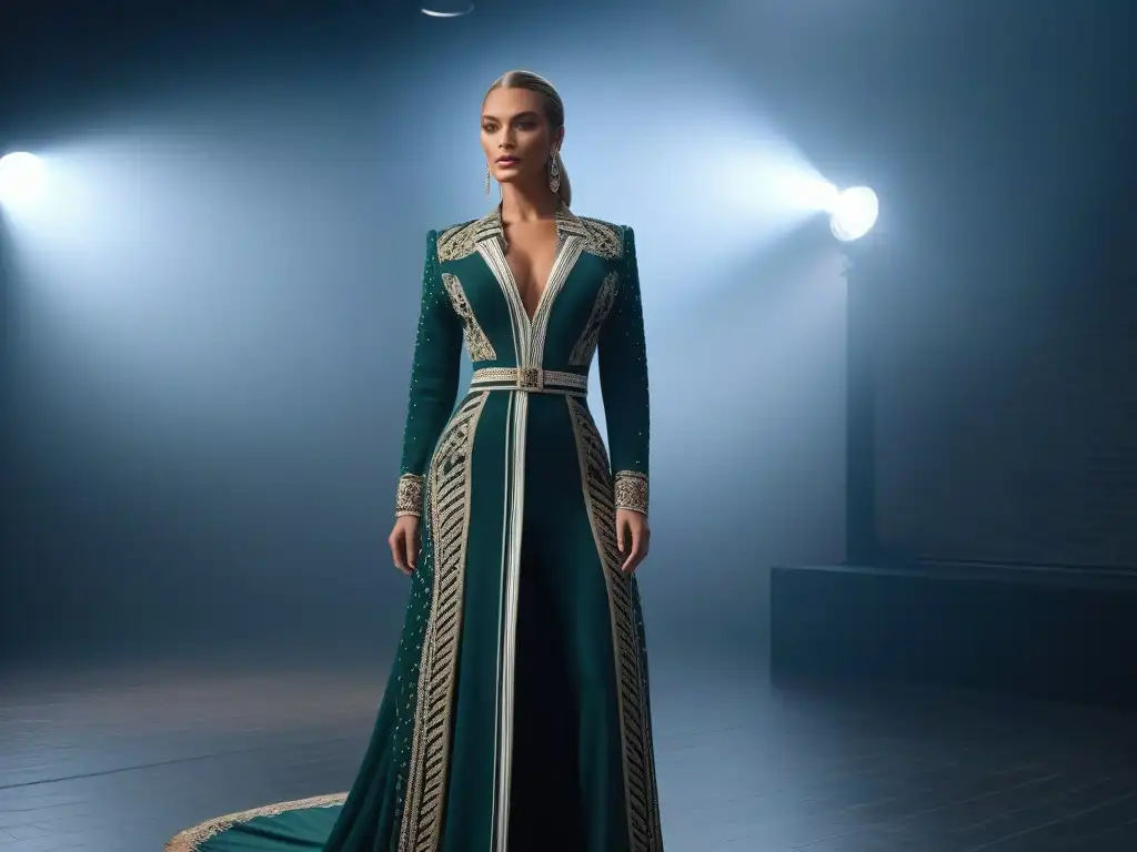 Alta costura: Celebridad elegante en estudio de moda Una celebridad alta se destaca en un elegante atuendo de alta moda, rodeada de diseñadores y estilistas en un estudio moderno