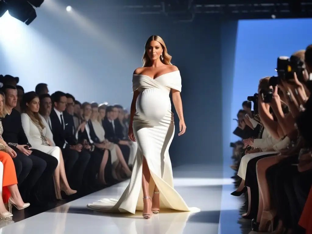 Desfile de moda: Celebridad embarazada en pasarela de alta costura Una celebridad embarazada deslumbra en la pasarela con un look de moda maternal internacional