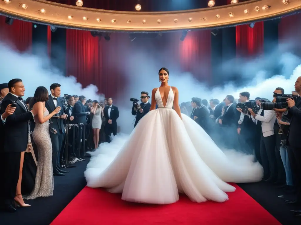 Evento de lujo: celebridad con exclusivo accesorio en alfombra roja Una celebridad famosa en la alfombra roja con accesorio de alta gama, rodeada de cámaras y fans
