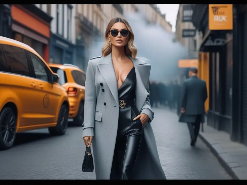 Ícono de la moda petite en la ciudad Una celebridad petite irradia estilo y confianza en una bulliciosa calle urbana