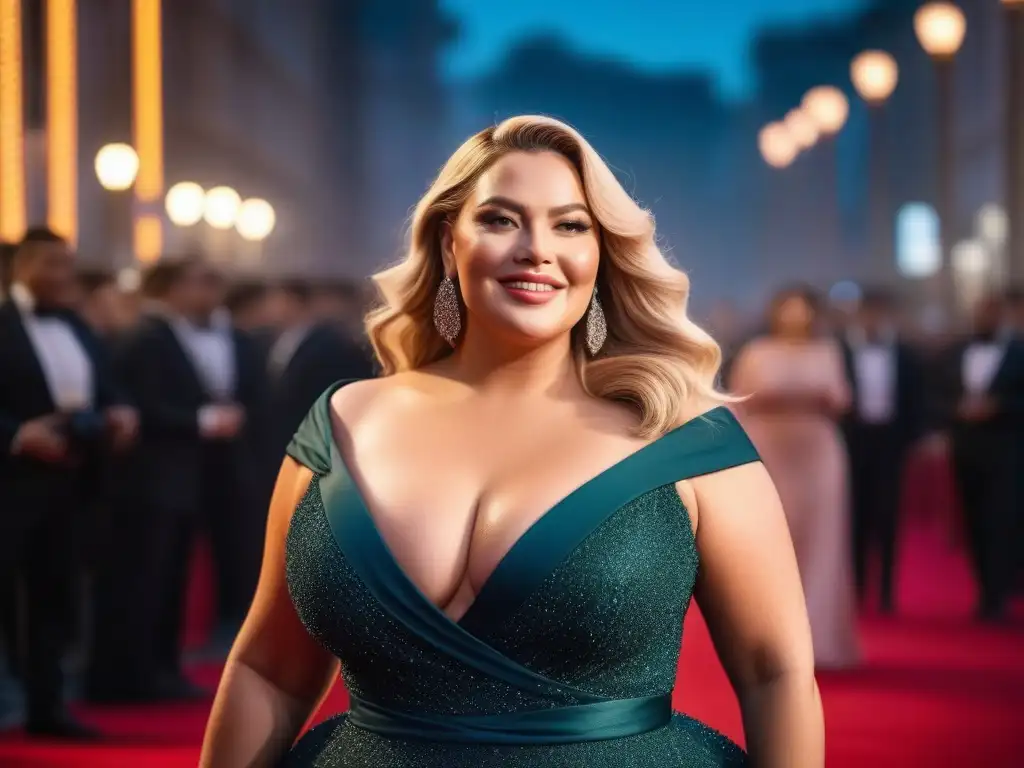 Celebridad plus size deslumbra en alfombra roja con elegancia y confianza Una celebridad plus size inspiradora desfila por la alfombra roja, irradiando elegancia y seguridad frente a los flashes y admiradores