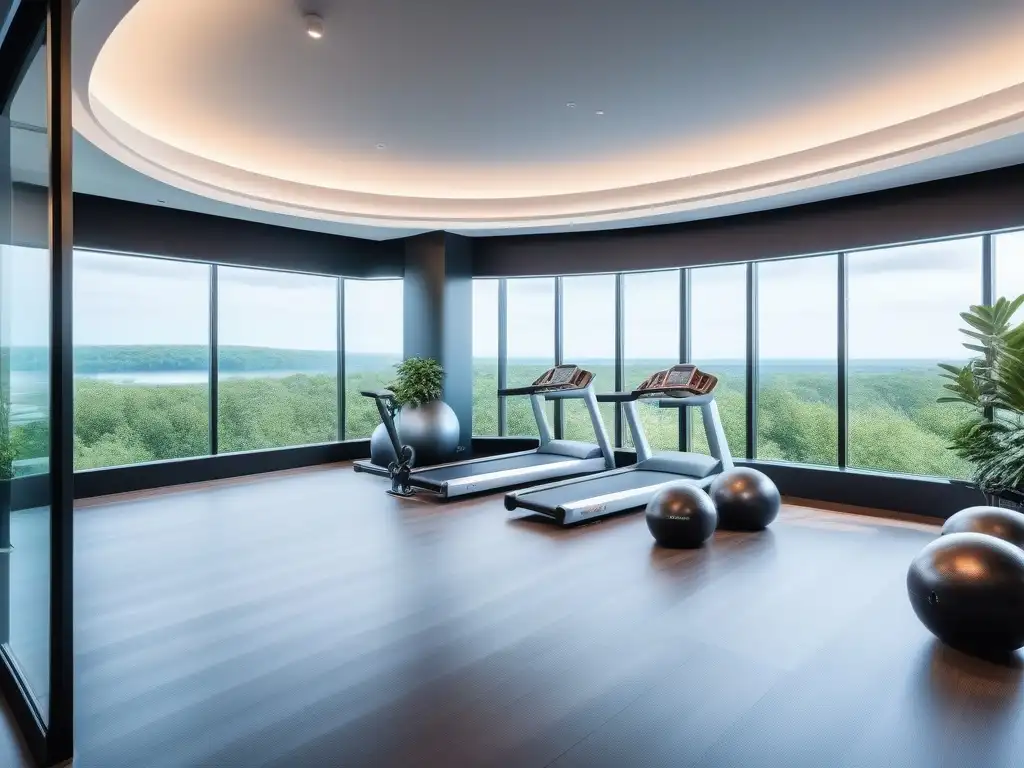 Gimnasio de lujo con spa y entrenadores personales Un centro fitness de lujo con equipamiento moderno, spa y bar de jugos, rodeado de naturaleza