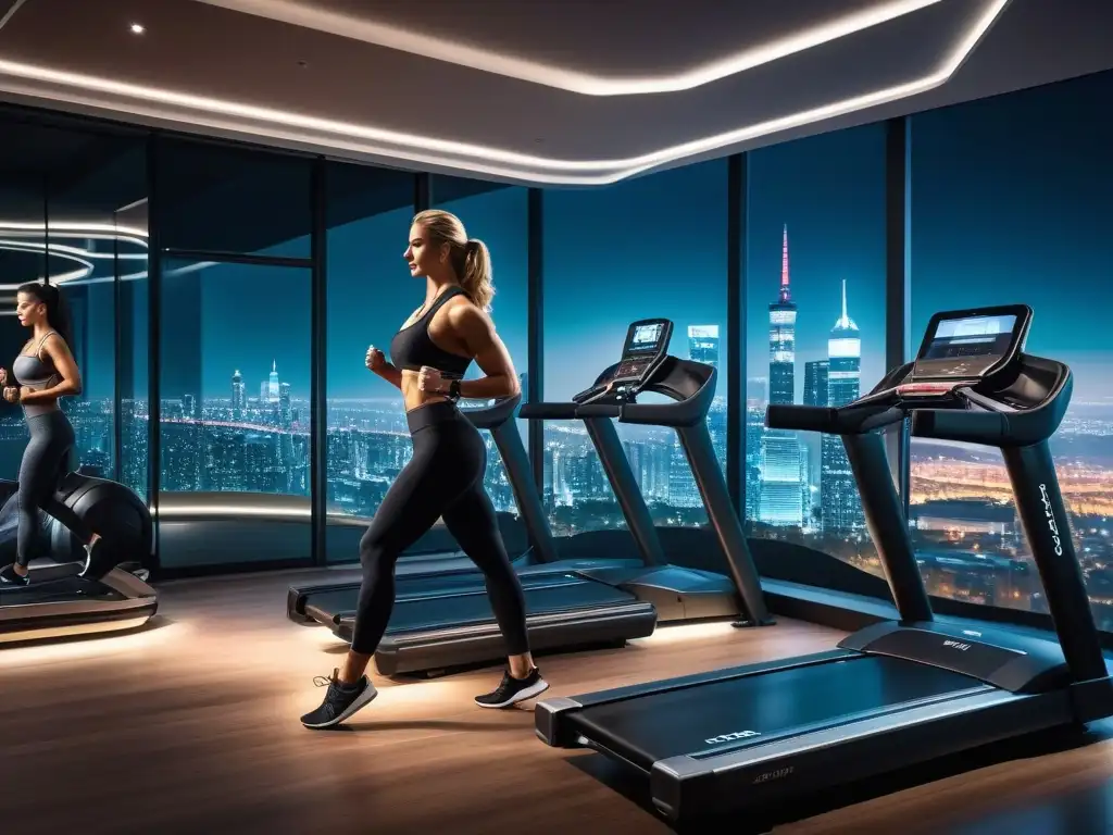 Gimnasio de lujo futurista con vista nocturna de la ciudad Un centro de fitness de lujo futurista y elegante con ventanas de piso a techo que dan a la ciudad de noche