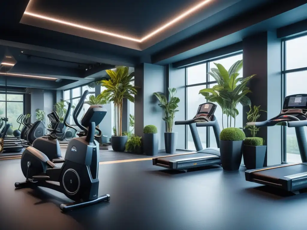 Centro de fitness de lujo para mayores con equipamiento de última generación y ambiente natural Un centro de fitness de lujo para la tercera edad con equipamiento de alta tecnología, luz natural y vegetación exuberante