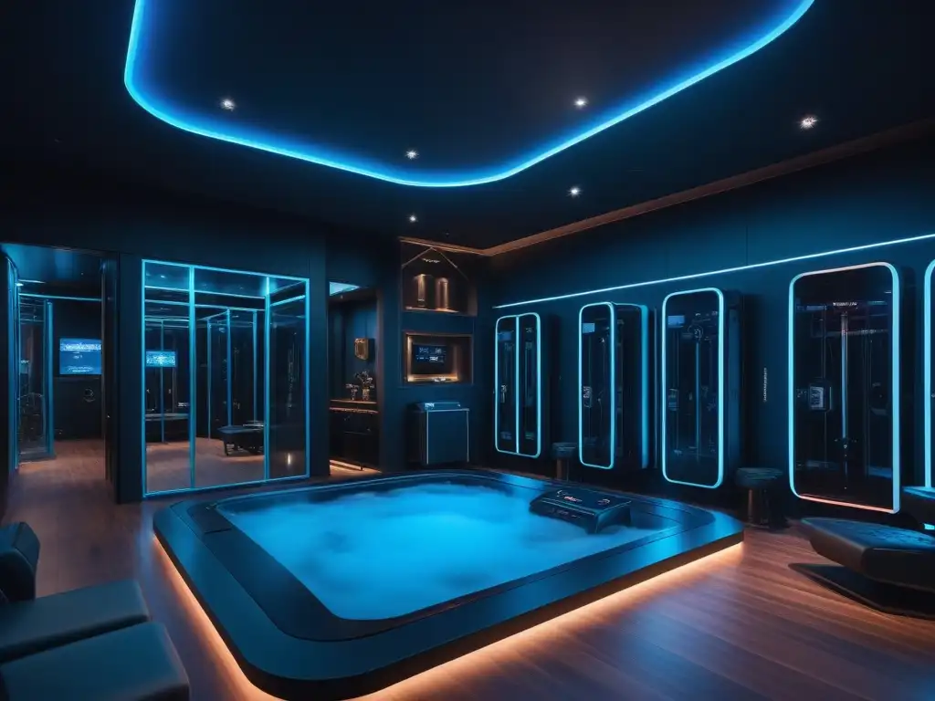 Centro fitness de lujo con equipamiento de recuperación de vanguardia Un centro fitness lujoso y moderno con equipamiento de recuperación post-entrenamiento de alta gama