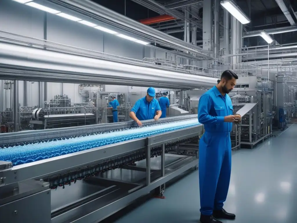 Instalación textil sostenible con reciclaje de agua avanzado Un centro de producción textil moderno con sistemas avanzados de reciclaje de agua, mostrando un diseño sostenible y tecnológico