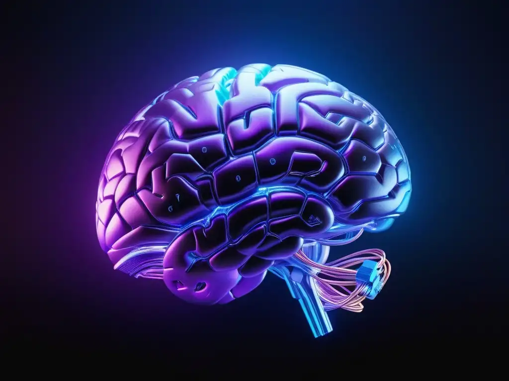 Brain futurista brillante en azul y morado para potenciar la memoria Un cerebro futurista brillante con patrones de circuitos, simbolizando rendimiento mental