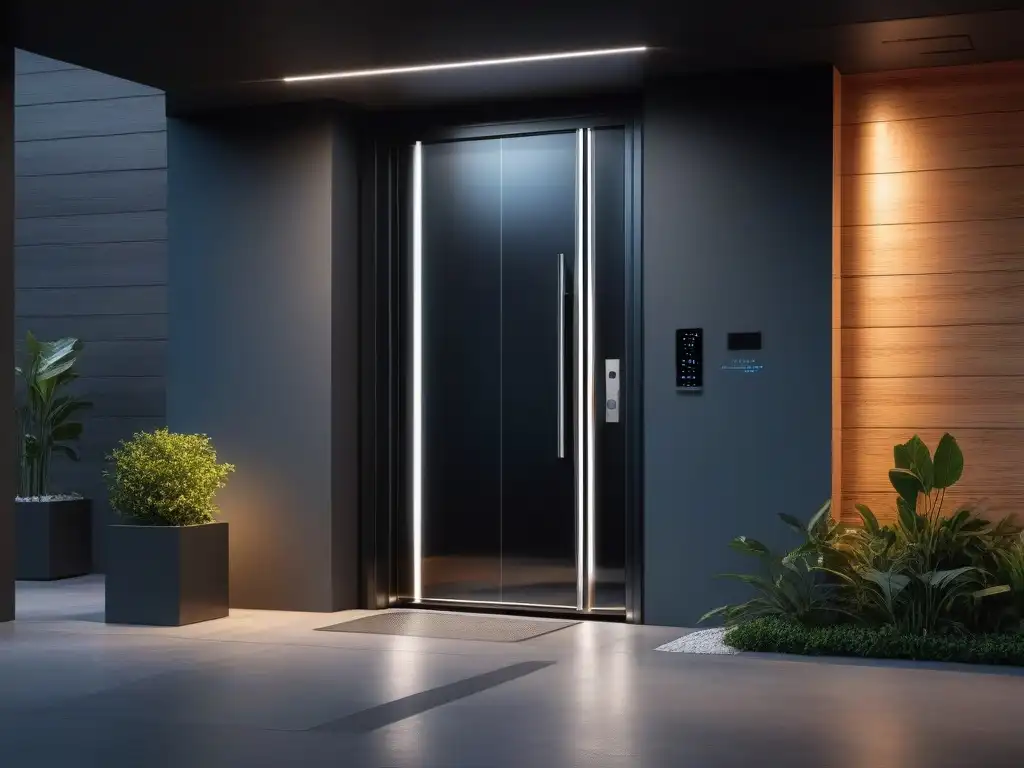 Puerta inteligente de alta tecnología con cerradura digital integrada Una cerradura digital vanguardista en una puerta de cristal y metal, fusionando seguridad y estilo en cerraduras inteligentes