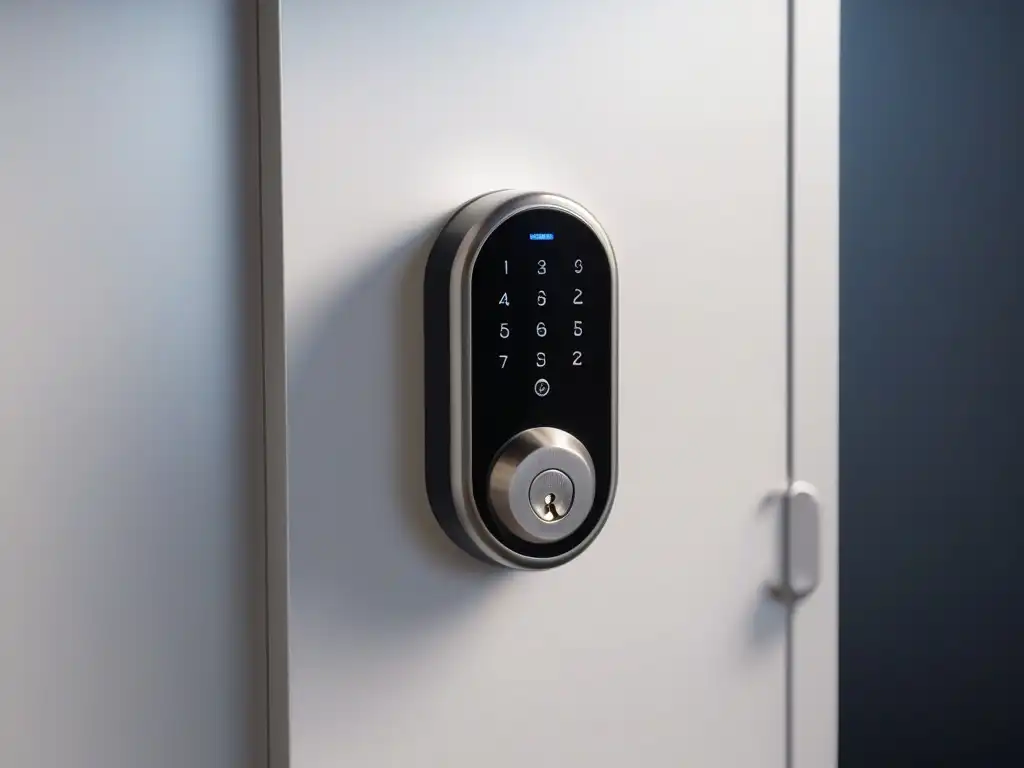 Smart lock de alta tecnología en puerta moderna Una cerradura inteligente futurista integrada en una puerta moderna y elegante, destacando seguridad y estilo en cerraduras