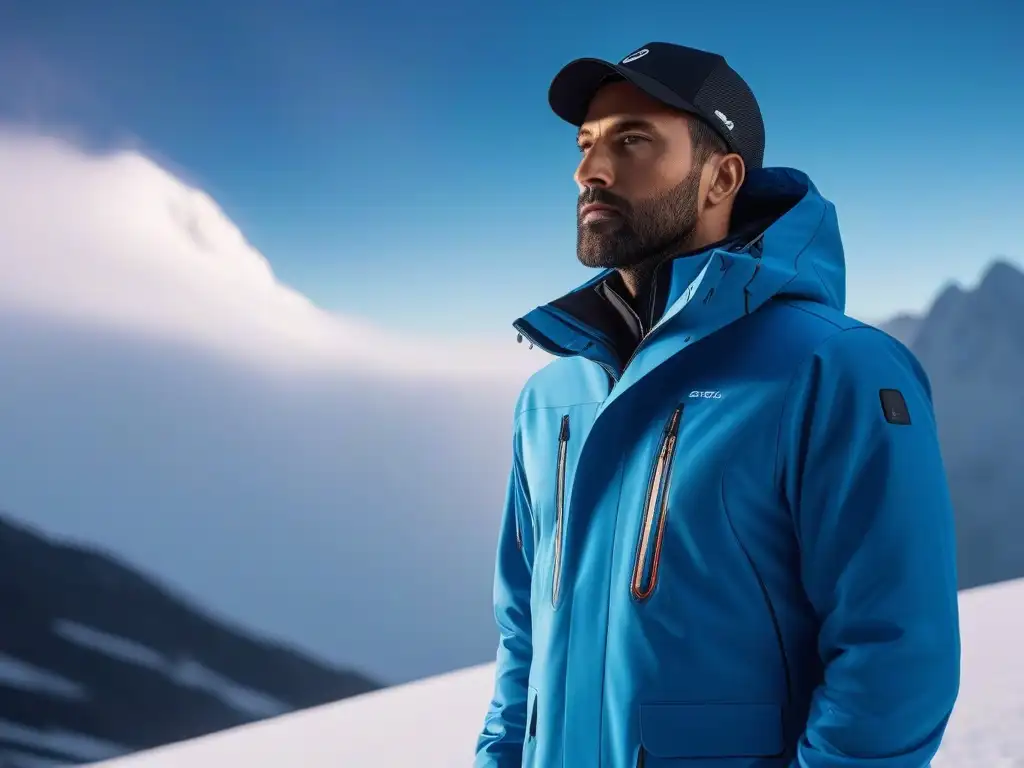 Chaqueta de alta tecnología para climas fríos Una chaqueta de alta tecnología con sensores de temperatura incorporados y elementos de calefacción ajustables, en un diseño elegante y futurista