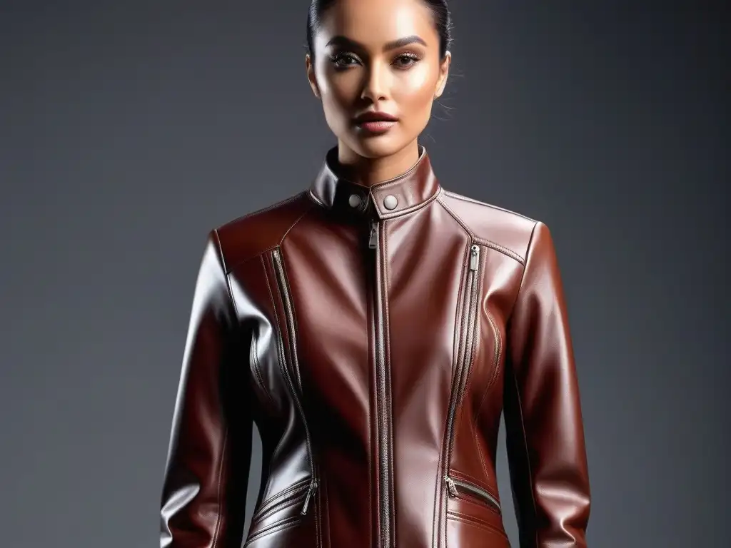 Chaqueta de cuero vegano: elegancia sostenible y futurista Chaqueta de cuero vegano en tono marrón, elegante y sostenible, expuesta en maniquí